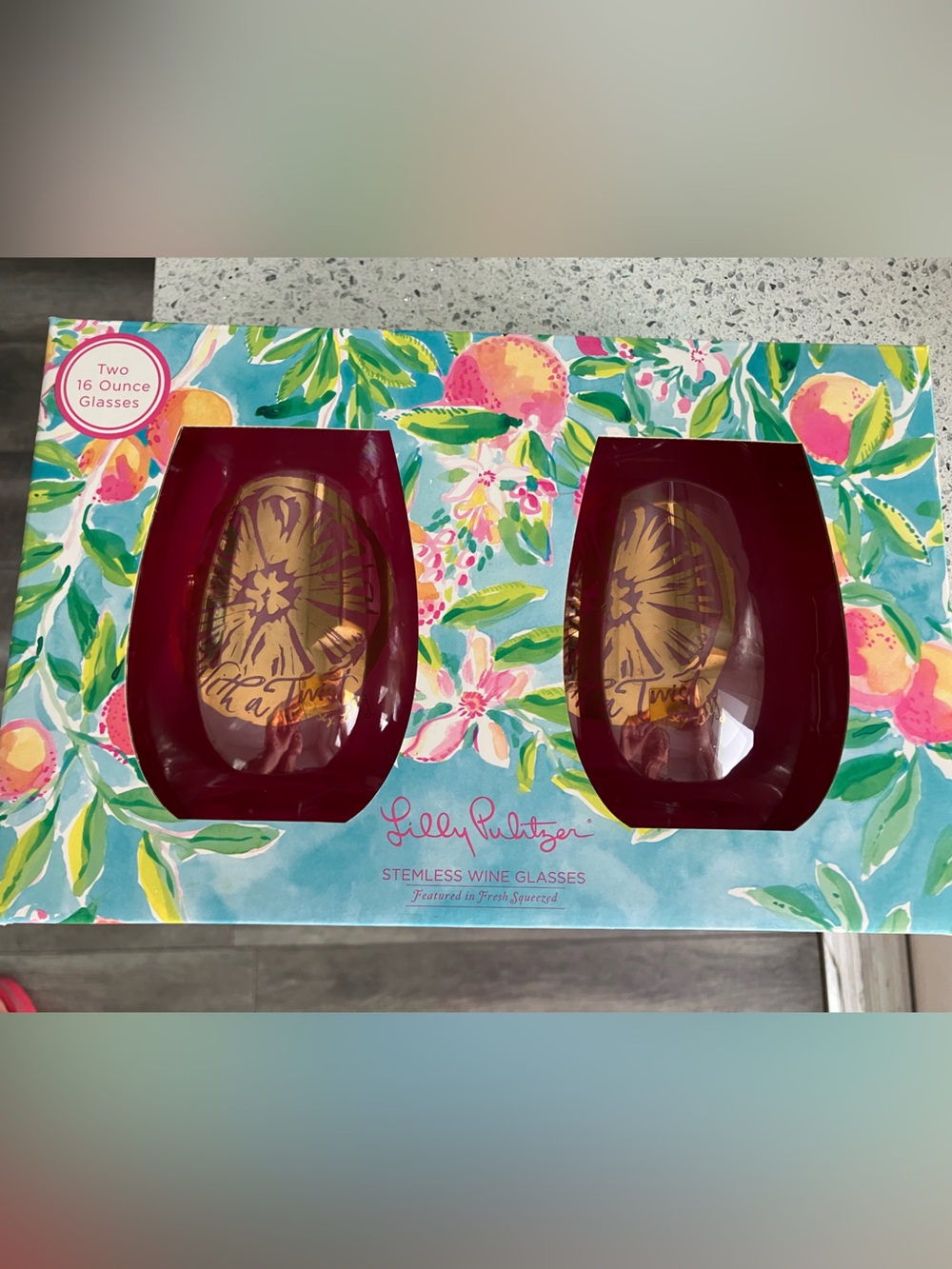 Lilly Pulitzer Stemless Wine Glasses - Set of 2 “With a Twist”